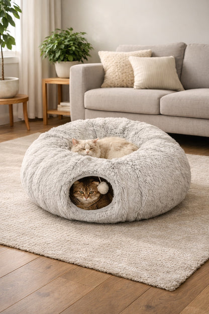 2-in-1 Cat Tunnel Bed - Ultra Soft Calming Nest